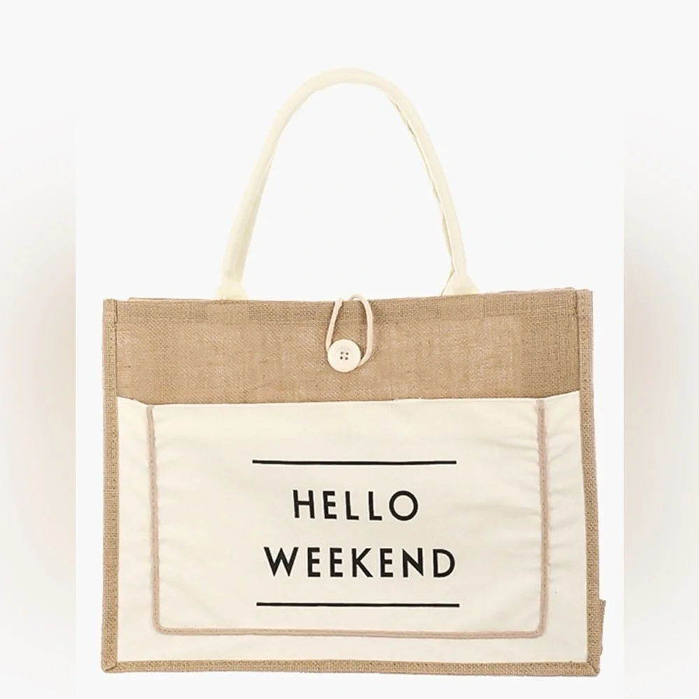 Fame Hello Weekend Burlap Tote Bag - Picture 7 of 8